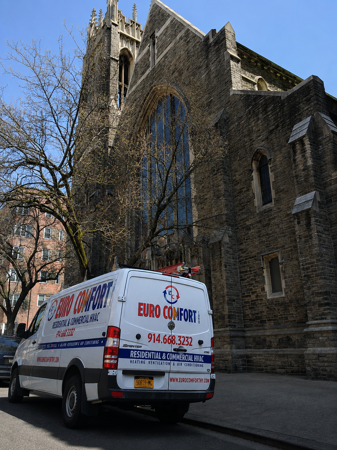 Euro Comfort service truck parked outside a New York building