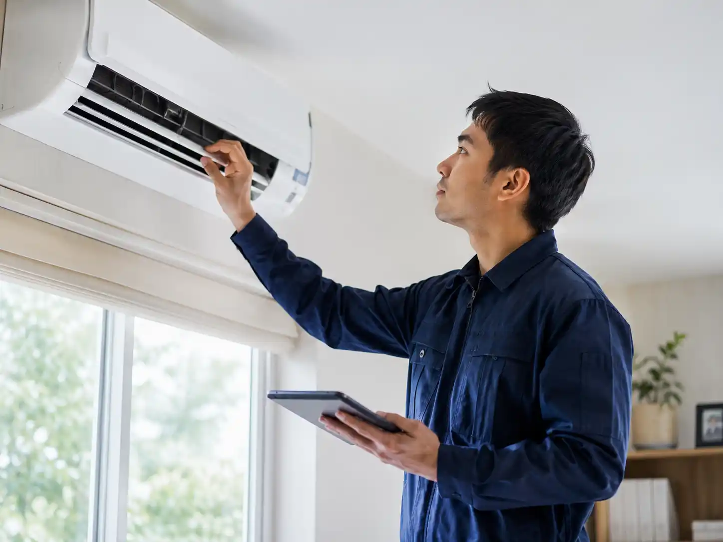 HVAC technician performing preventive maintenance