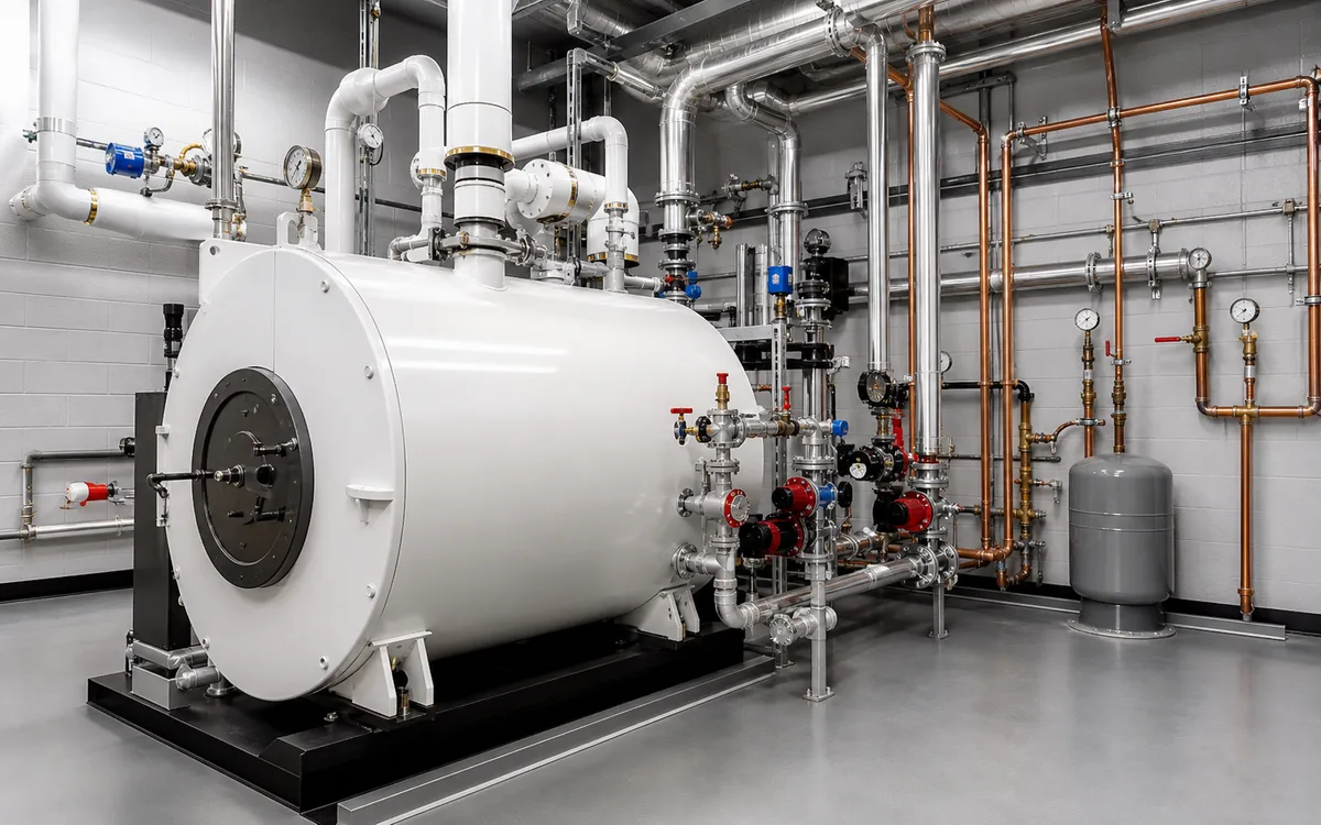 Commercial boiler room with hydronic boiler and pipework