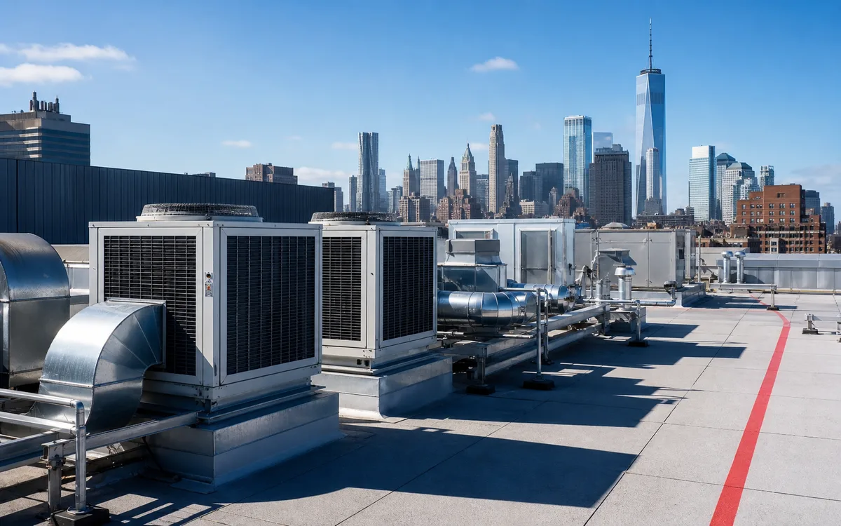 Commercial rooftop HVAC units with a city skyline