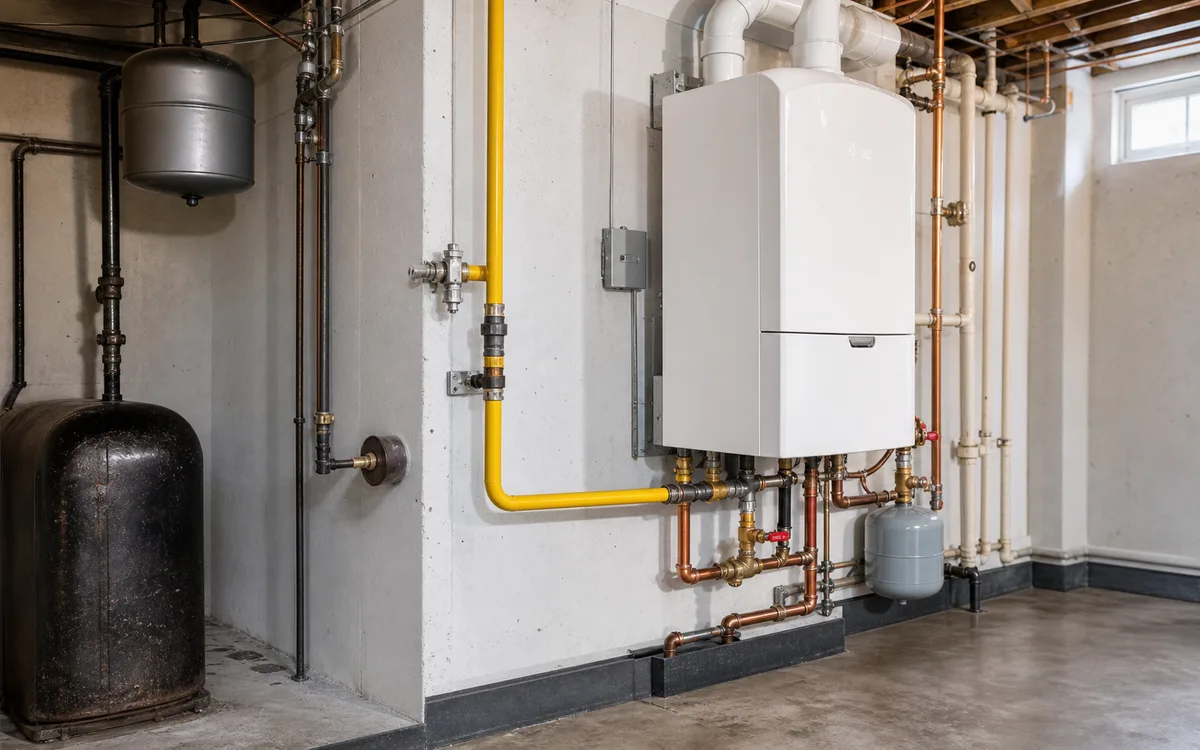 Gas boiler conversion with copper piping and yellow gas line
