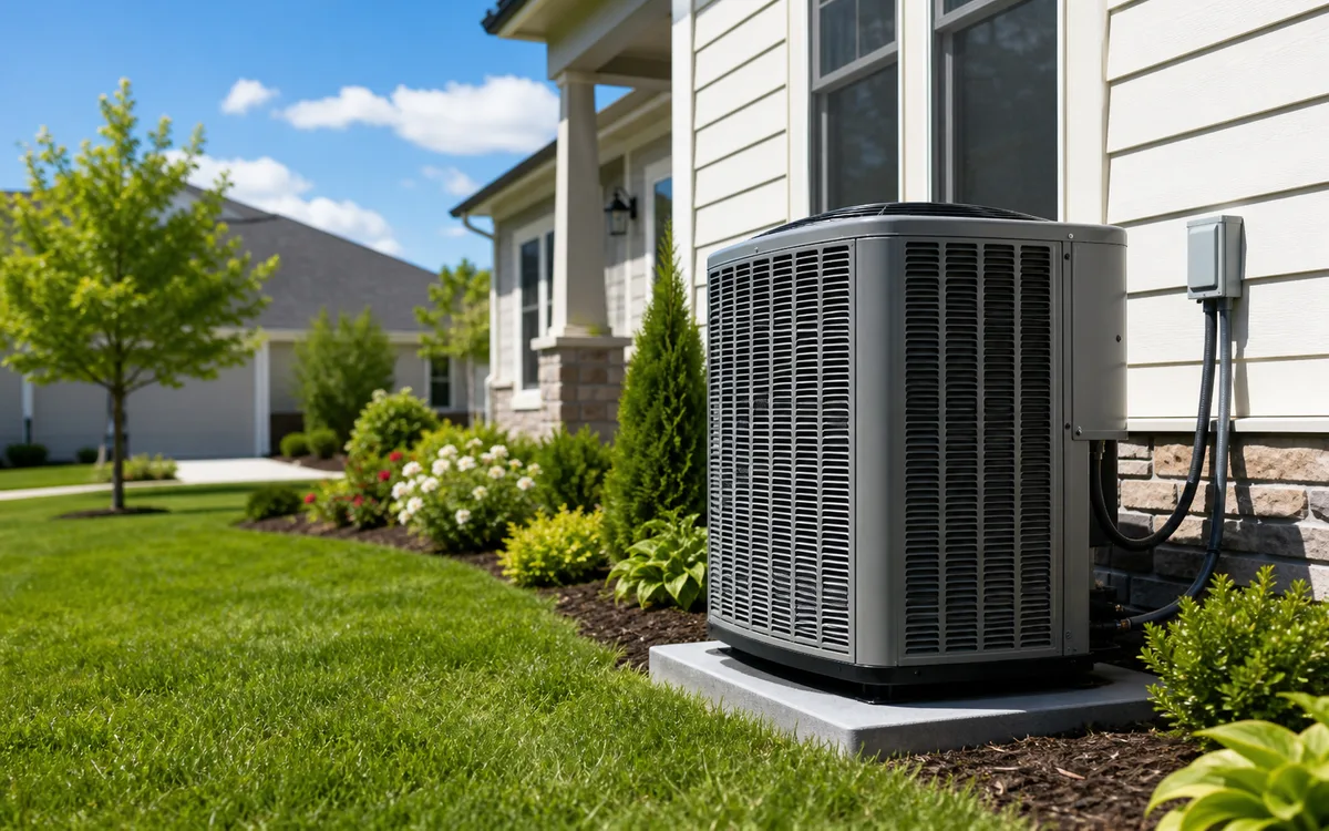 Residential central air conditioning condenser beside a home