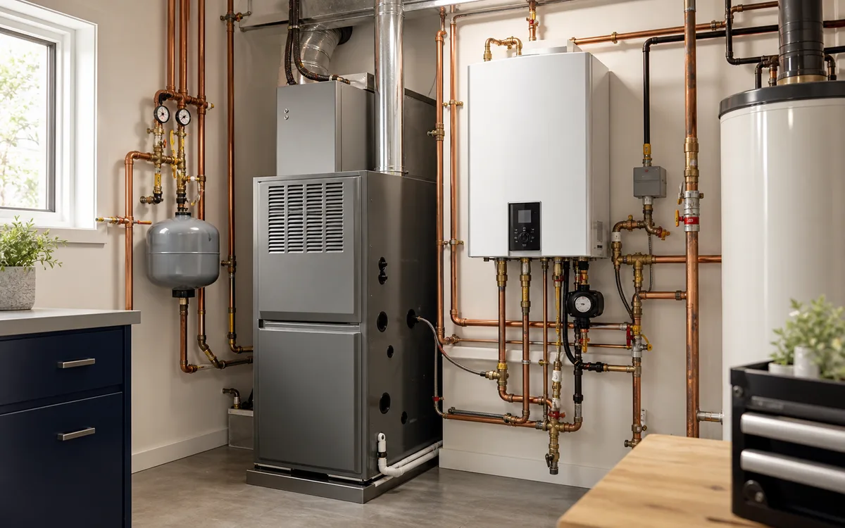 Modern heating system with furnace, boiler, water heater, and copper piping