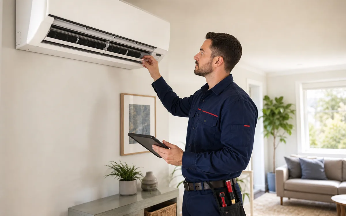 HVAC technician inspecting a ductless mini-split system